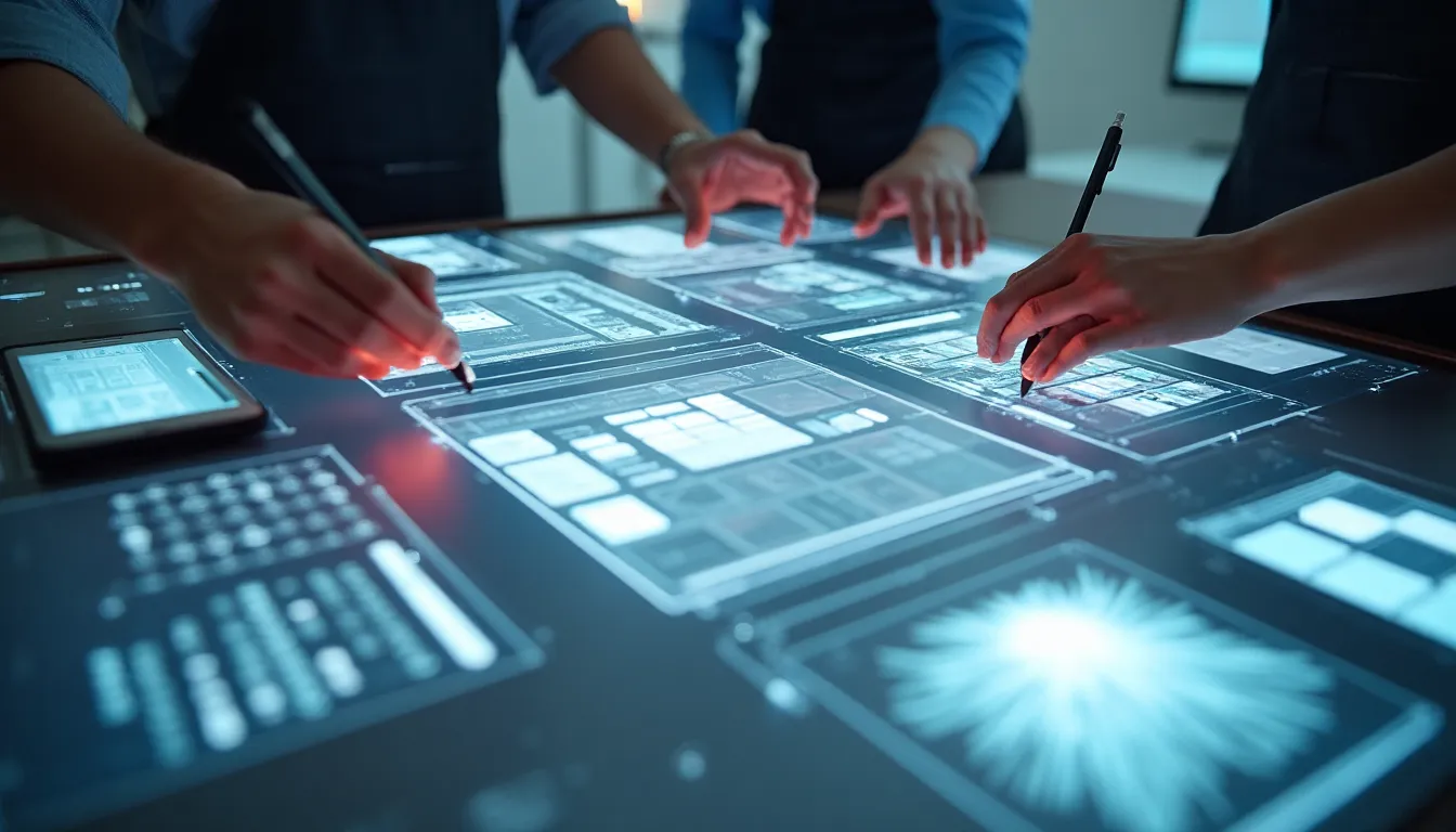 Elegant mood board with color palettes, typography examples, and UI sketches, a hand subtly interacting with a glowing digital interface, conveying creativity and precision.