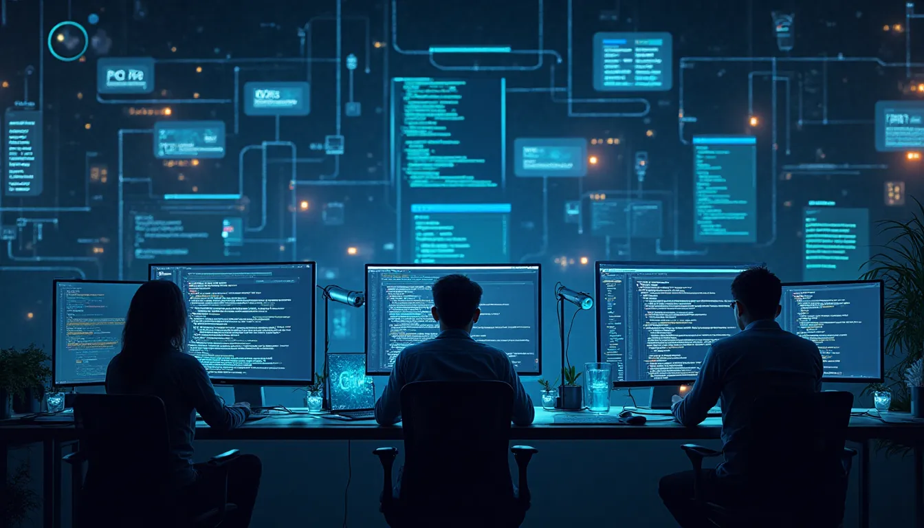 Lines of elegant code flowing across a screen, transforming into a complex, beautiful geometric structure, symbolizing the art of software development.